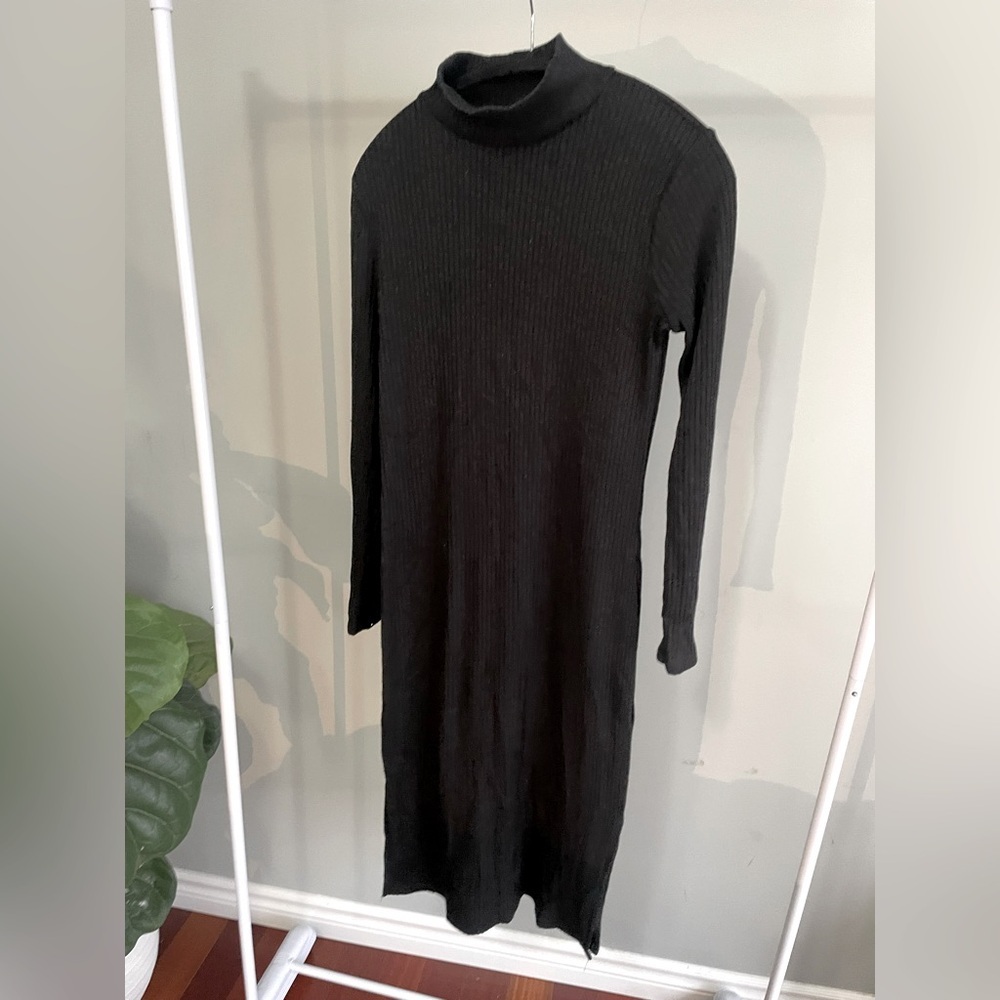 Banana Republic Black Ribbed Long Sleeve Mockneck Midi Turtleneck Dress Size S